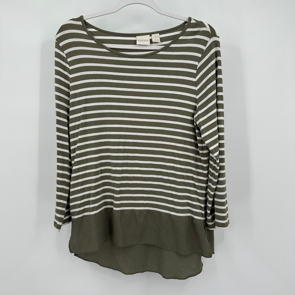 Chicos Womens Preppy Nautical Top Size 1 US M Stripped Minimalist Modest Coastal